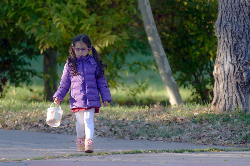 25 - Little girl in a purple puffer jacket walking in a park during autumn